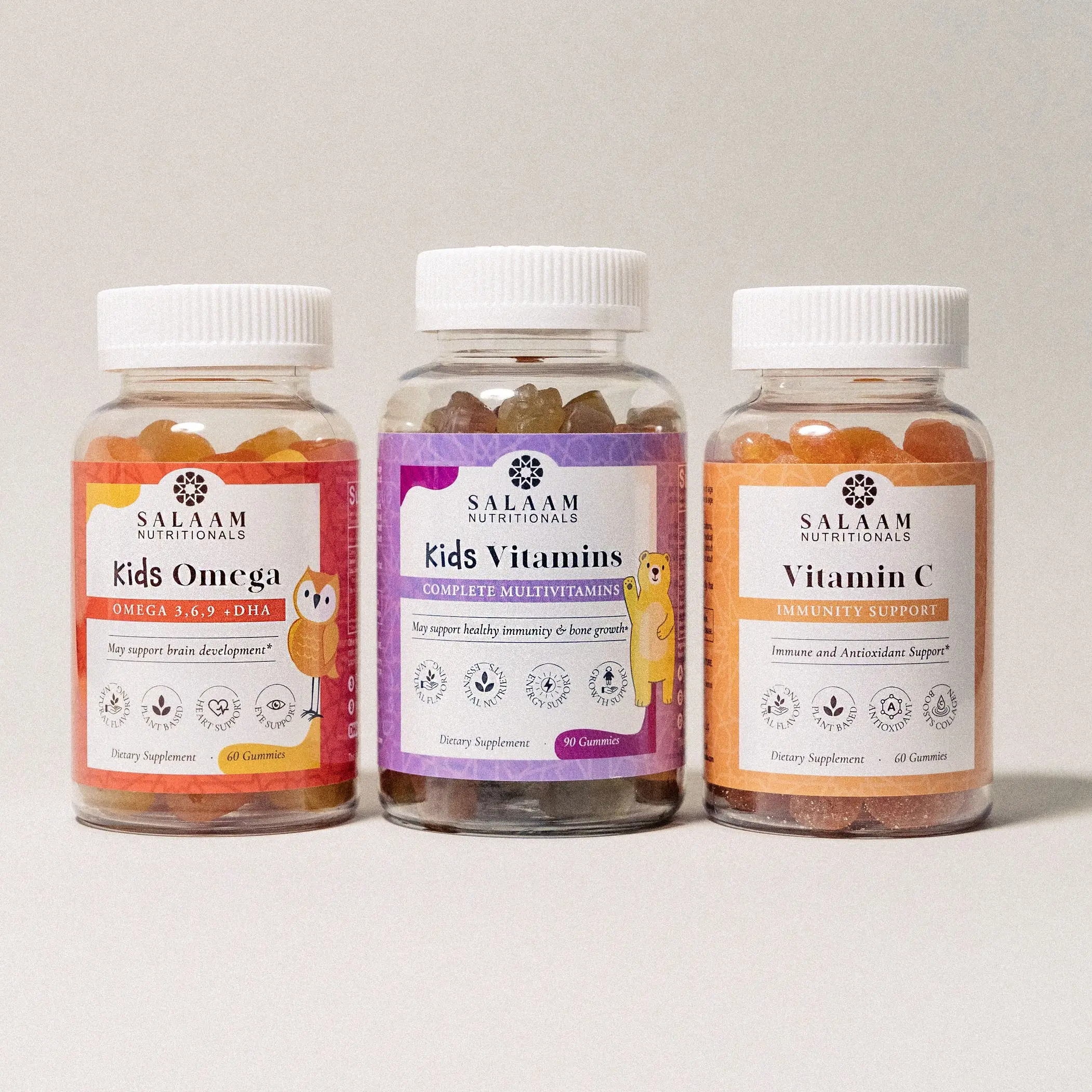 Salaam Nutritionals Halal Kids Wellness Bundle 3 Bottles Multivitamin Omega DHA and Vitamin C Gummies