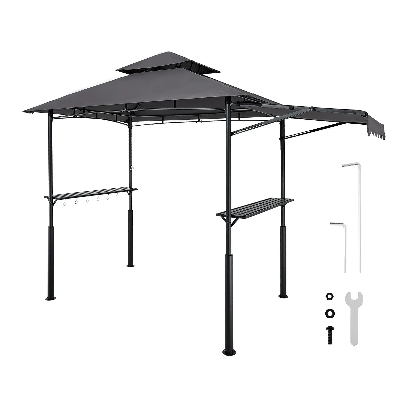 VEVOR 8x5 ft Double-Tiered Metal Frame Canopy Sunshade BBQ Grill Gazebo, Powder-Coated Steel Frame, Reinforced Extra Awning Shelter, 2 Side Shelves, Hooks, Bottle Opener, for Decks, Cookouts, BBQs, Supports 2-4 People, Canopy And Sunshade, Stable
