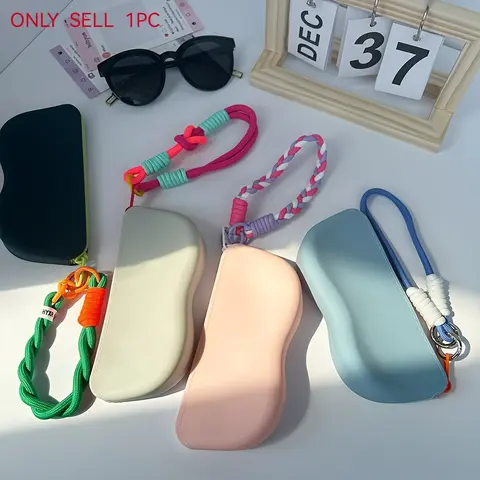 Solid Color Silicone Sunglasses Storage Box, 1 Count Portable Sunglasses Case with Zipper & Lanyard, Glasses Storage Box for Travel Business, Portable Sunglasses Organizer