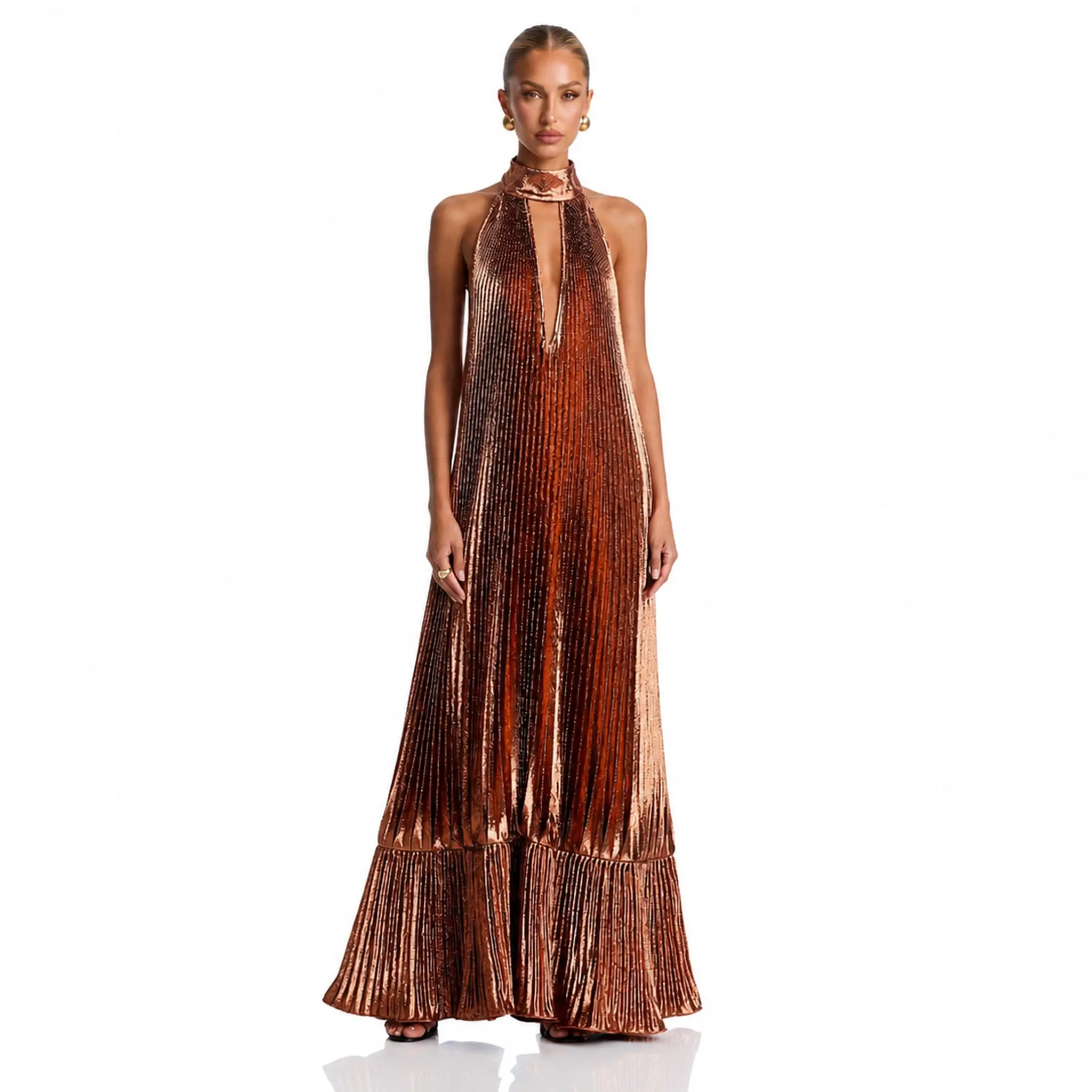 LikeMyChoice Metallic Pleated Halter Maxi Dress Sleeveless Keyhole Front Ruffle Hem Formal Evening Long Dress for Women
