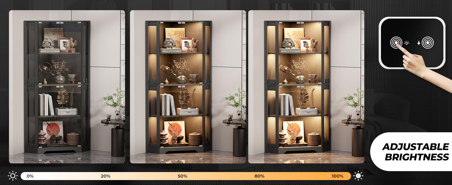 MIIFUNY Corner Display Cabinet with Glass Doors, 65" Lighted Curio Cabinet with 3 Color Lights for Collectibles, Toys, 4-Tier Showcase Display Case with Human Body Sensor for Living Room, Black