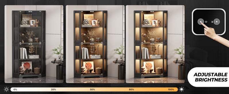 MIIFUNY Corner Display Cabinet with Glass Doors, 65" Lighted Curio Cabinet with 3 Color Lights for Collectibles, Toys, 4-Tier Showcase Display Case with Human Body Sensor for Living Room, Black