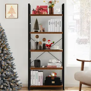 5-Story Metal Frame & Particle Board Bookshelf, 34x14x6-in Space Saver, Stable Base, Anti-Scratch Coating, Anti-Tip Kits, Quick-Install Simple-Look Indoor Furniture for Living Room