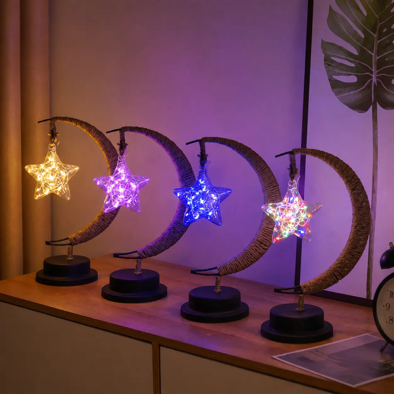 Moon-shaped star night light with USB charging function, glass pentagram table lamp, bedroom atmosphere decoration lamp