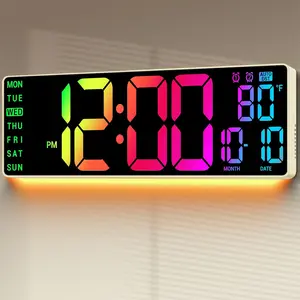 16.5" Large Digital Wall Clock: 11 RGB Color LED Display with Remote Control, Auto DST, Temperature & Date, Big Number Wall Clock for Seniors, Classroom, Office, Gym,  Decor Khaki