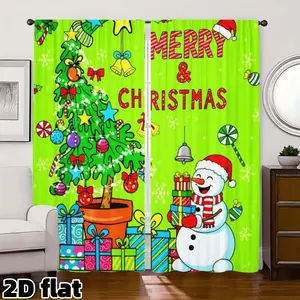 2D Flat 2Pcs Green Christmas Curtains with Snowman Pattern, Festive Holiday Design with Gifts and Candy Canes, Semi Sunshade Drapes, Suitable for Living Room Bedroom Kitchen Balcony Study Office Window Decoration, Christmas Gift Window , Preferred