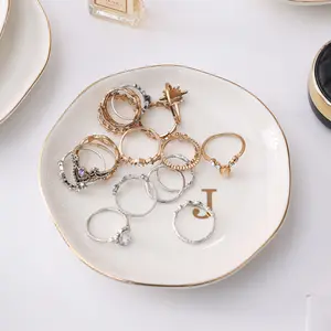 BOOVO Ceramic Jewelry Tray, Decorative Trinket Dish for Rings, Earrings, Necklaces, Bracelets, Watches, and Keys, Birthday/Mother’s Day/Christmas Gift for Women, 4.75", White Finish (letter)