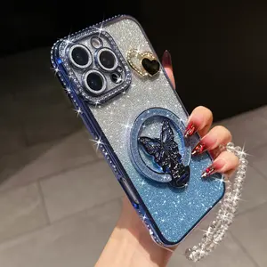 Luxury Butterfly Glitter Phone Case, Heart Rhinestone Lens Frame, Stand Strap Full Protection, Compatible with iPhone 17pro Max 16pro 15 14 13 12