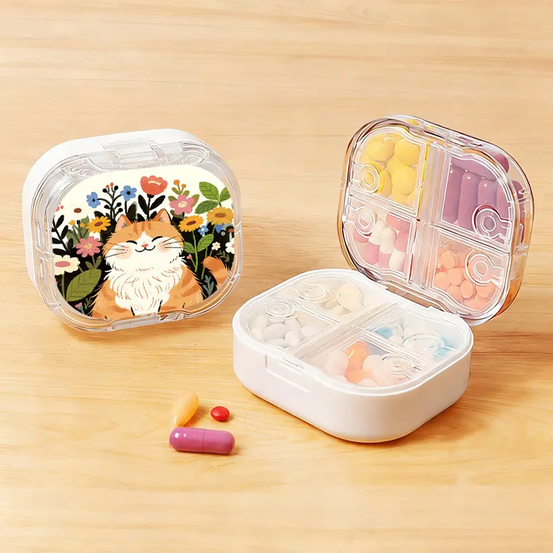 Cute Fluffy Orange Cat in Flowers Portable Pill Case, 6 Compartments Waterproof Mini Travel Pill Organizer with Seal Ring