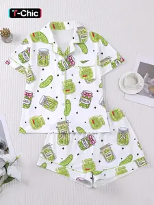 Women's 2-Piece Pajama Set, Nightwear, Pjs, Cartoon Print, Casual Fitted Style, Short Sleeve Shirt & Elastic Shorts, Comfortable Home Wear, Loungewear, Romantic Gift
