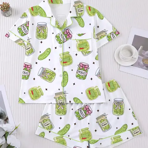 Women's 2-Piece Pajama Set, Nightwear, Pjs, Cartoon Print, Casual Fitted Style, Short Sleeve Shirt & Elastic Shorts, Comfortable Home Wear, Loungewear, Romantic Gift, Homewear, Pajama Lounge Sets, Pajama Clothes