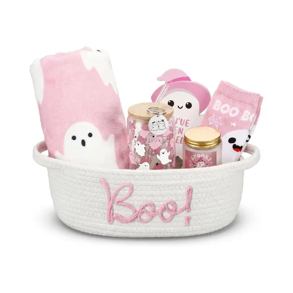 Hallowen Fall Gift 7 Pcs Halloween Boo Basket Stuffers for Women & Girls | Pink Booed Gift Basket with Flannel Throw, Tumbler, Candle, Ghost Socks & Keychain, Spooky Halloween Gifts for Friends