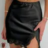 Women's Solid Color Stretch Satin Lace Trimmed Split Mini Skirt, Stretchy Fitted Bodycon Skirt, Side Slit, Elegant and Alluring Design, Perfect for Special Occasions, Going Out Skirts, Womenswear