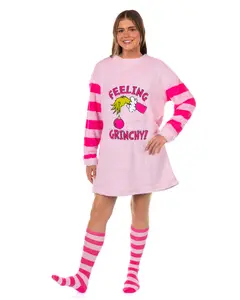Dr. Seuss The Grinch Women's Pajama Feeling Grinchy Pullover Fleece Sleepshirt With Knee High Socks Set