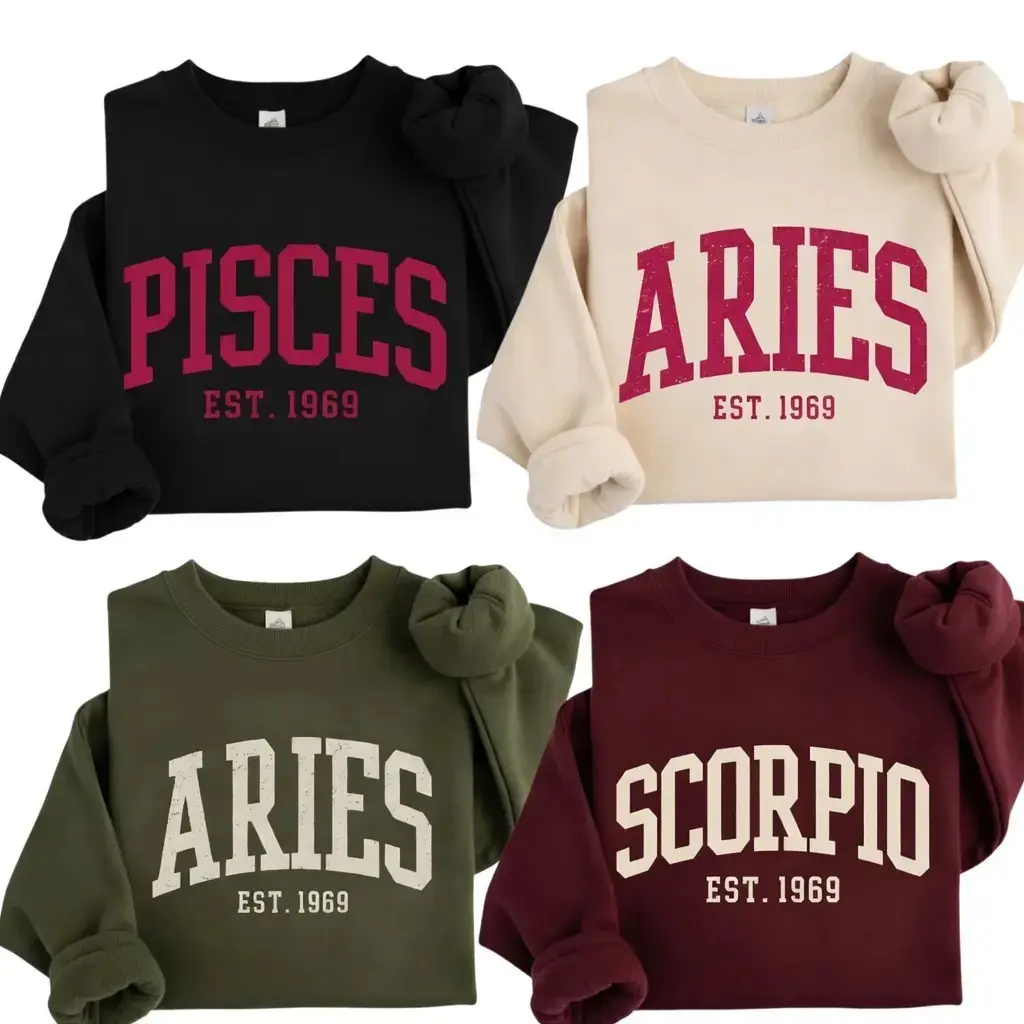 [LEAVE A NOTE] All 12 Zodiac Sign Sweatshirt, Aries Pisces Scorpio Est Year Graphic Crewneck, Vintage Astrology Birthday Sweatshirt for Women-DF Womenswear Hoodie