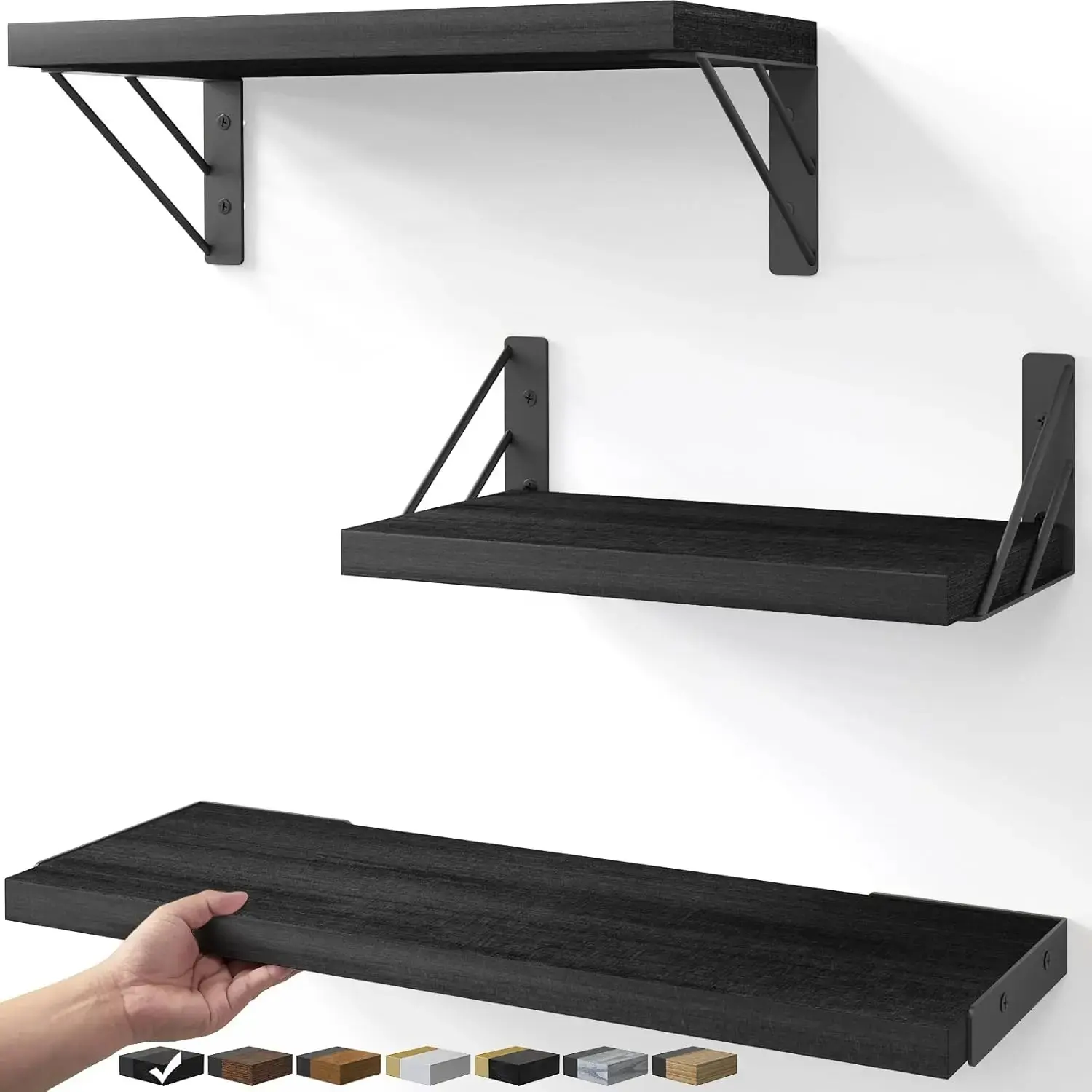 Wall Shelves for Bedroom Decor, Floating Wall Shelves for Living Room Kitchen Storage, Wall Mounted Rustic Wood Floating Shelves for Kids Books, Corner Shelves for Bathroom, Office(Set of 3)