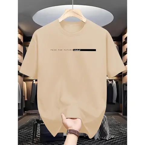 Men's 'Face the Future' Slogan Graphic T-Shirt - Menswear Top, Regular Cut, Casual Fit, Short Round Neck, Micro Elastic Polyester Knit Fabric, Summer Wear, All Over Custom Print, Dry Clean, XL