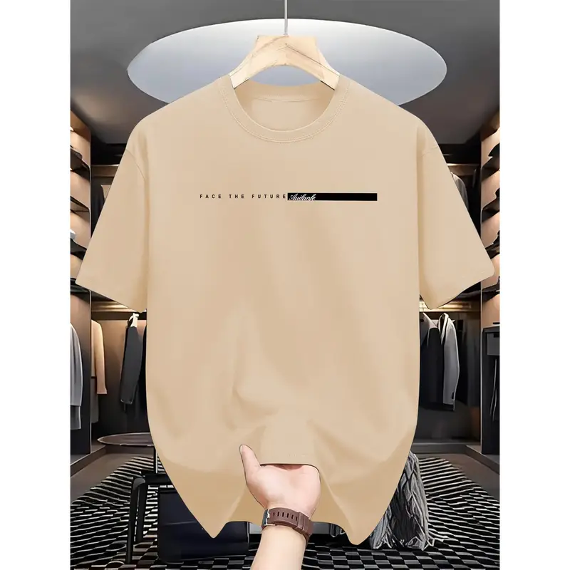 Men's 'Face the Future' Slogan Graphic T-Shirt - Menswear Top, Regular Cut, Casual Fit, Short Round Neck, Micro Elastic Polyester Knit Fabric, Summer Wear, All Over Custom Print, Dry Clean, XL