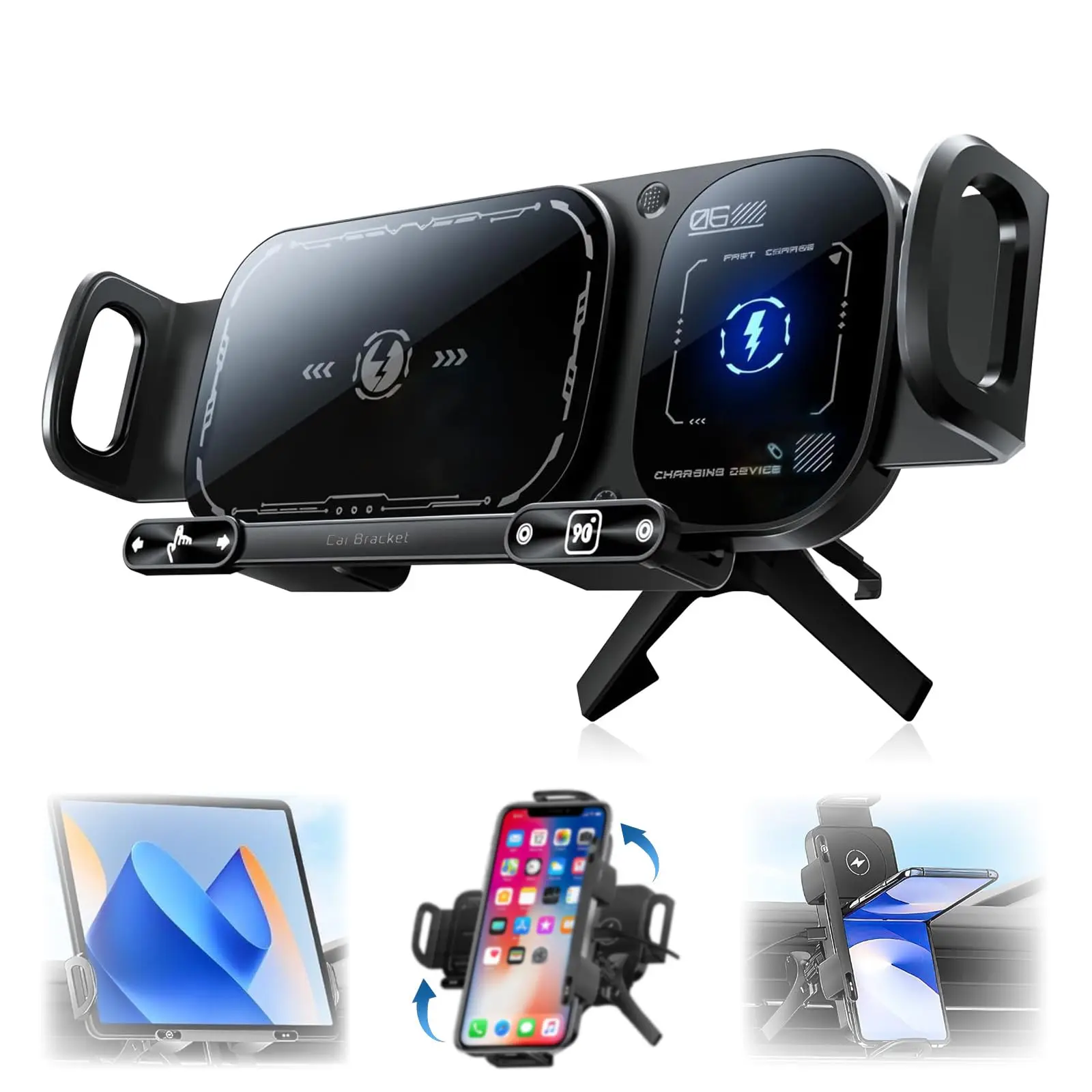 [BackToSchool]Wireless Charging Car Phone Mount for Foldable & Regular Phones - 15W Fast Charge, 90° Rotation, Air Vent Hook Clip, One-Touch Release (Fits iPhone/Samsung/Google)