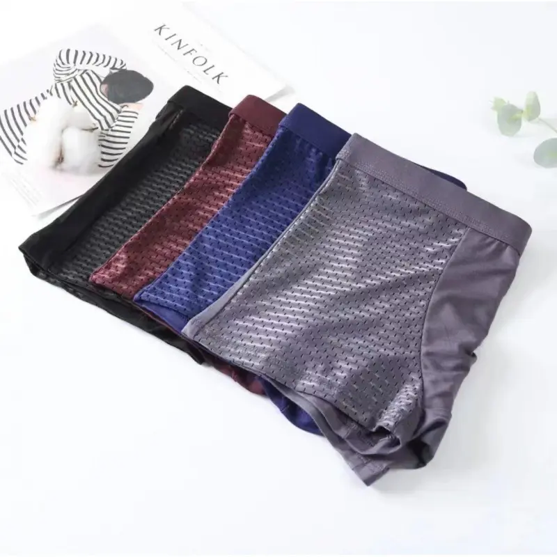 Men's Ice Silk Polyester Breathable Mesh Mid-Waist Boxer Briefs, Plus-Size Underwear for Big and Tall Males, Menswear Socks, Boxers Briefs