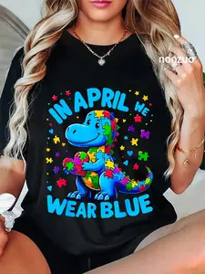 100% Cotton Unisex Autism Awareness In April We Wear Blue T-Rex Dino T-Shirt