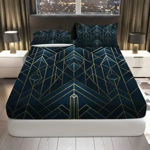 3Pcs Geometric Art Deco Modern Fitted Sheet Three Piece Set (1*Fitted Sheet+2*Pillowcases, Coreless), Neutral theme, Luxury Bedding Set, Mattress protector Soft, Breathable