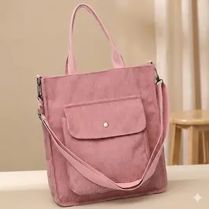 Vintage Corduroy Canvas Tote for Women - Large Capacity Multi-Pocket Commuter Bag, Water-Resistant Wrinkle & Stain Resistant Fabric, Adjustable & Detachable Shoulder Strap for Hand Carry or Crossbody, Fashionable Practical Daily Bag, Casual Commuter Bag