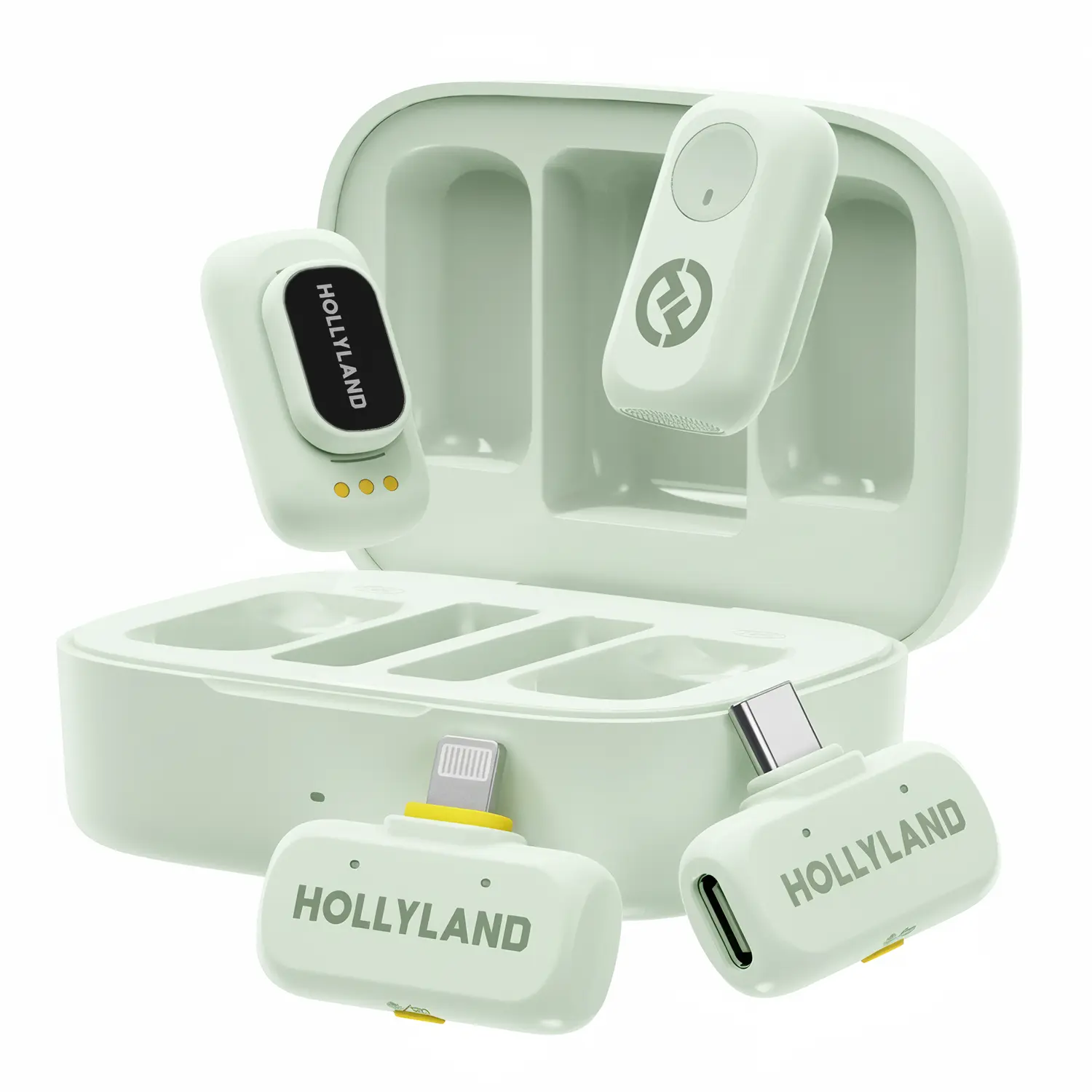 Hollyland Lark A1 Wireless Mini Microphone for iPhone & Android, 48kHz/24-bit, 3-Level Intelligent Noise Cancel, Microphone for YouTube, Podcast, Vlogging (Green, 2TX + 2RX + Charging Case)