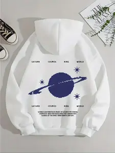Women's Saturn & Letter Print Drop Shoulder Hoodie, Fashion Casual Drawstring Pocket Hooded Sweatshirt for Daily Holiday Outdoor Wear, Women Clothing for Fall & Winter
