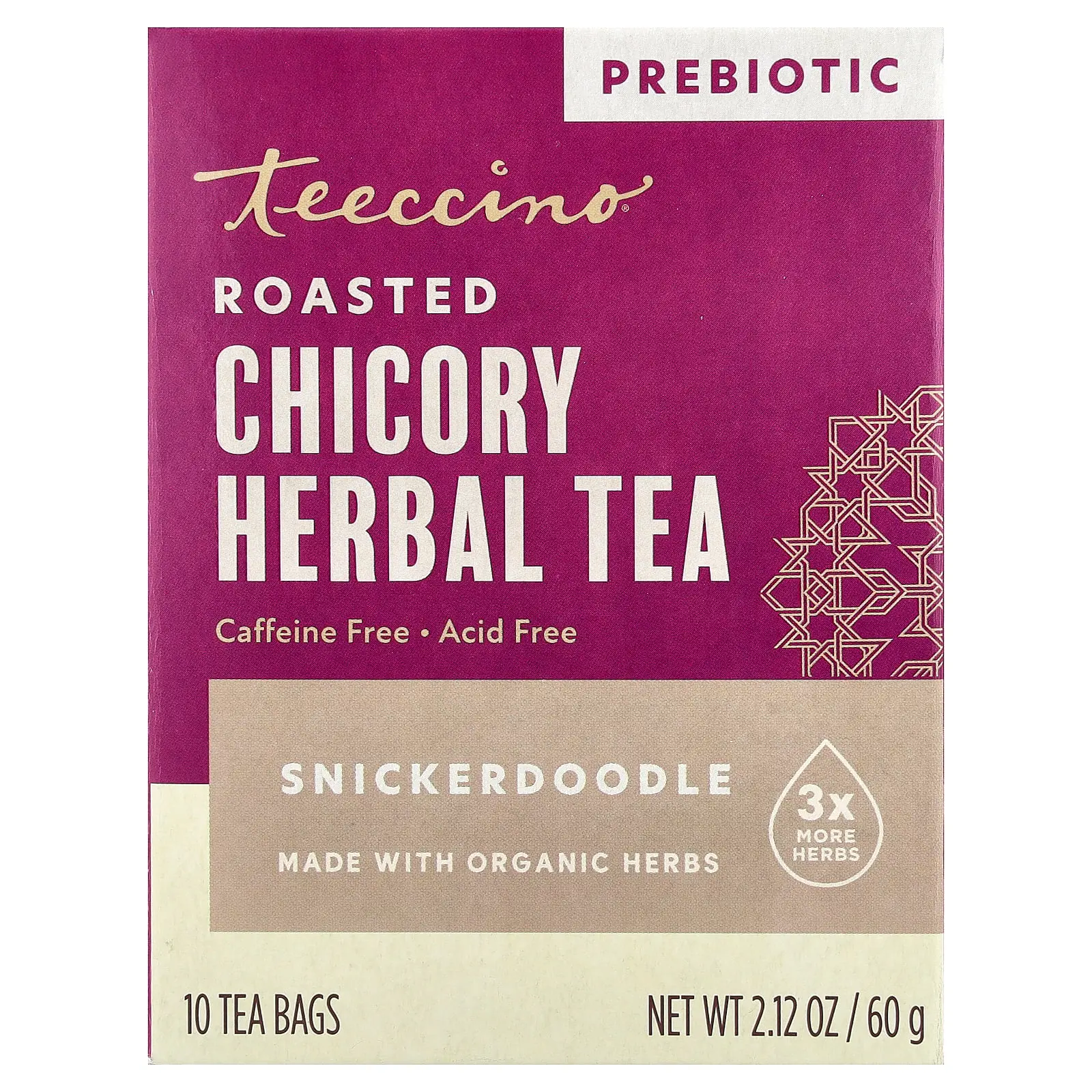 Teeccino Prebiotic Roasted Chicory Herbal Tea, Snickerdoodle, Caffeine Free, 10 Tea Bags, 2.12 oz (60 g)