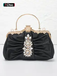 Pleated PU Rhinestone Ladies Evening Bag Clutch Bag, Evening Handbags, Purse Handbag, Rhinestone Handbag, Rhinestone Flower Design Lock Clasp, with Long Shoulder Strap for Shoulder Crossbody Bag, Suitable for Christmas Gift, Wedding, Party