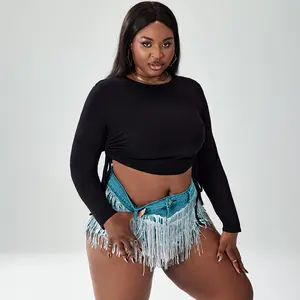 Xpluswear Plus Size Silver Party Sequin Fringe Button Denim Shorts