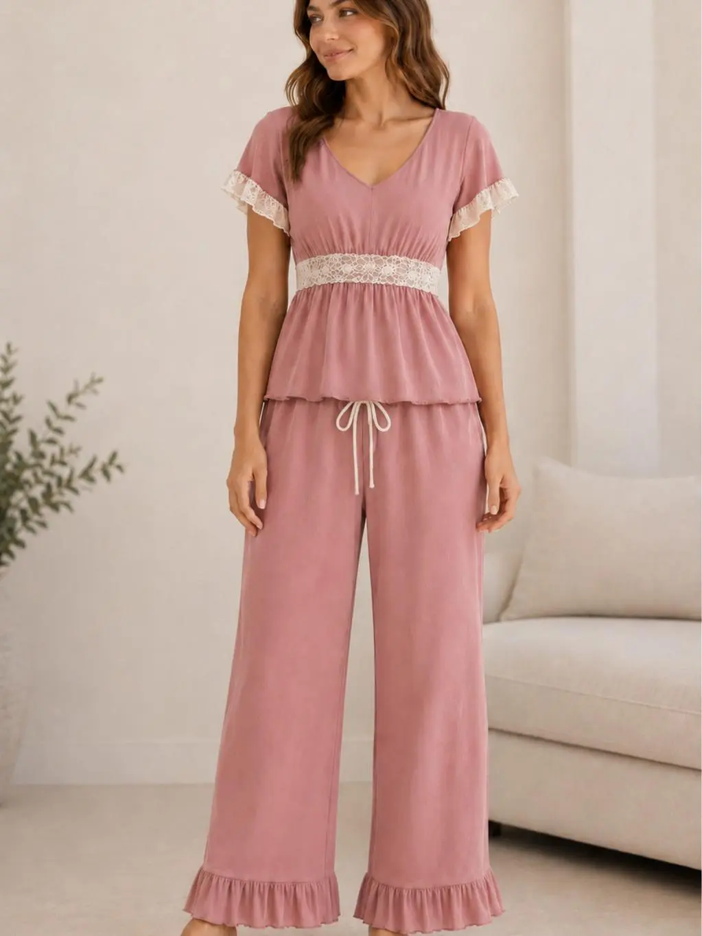 Petals at Dusk Dusty Rose Lace Lounge Set | Women's Soft Bamboo Matching Set