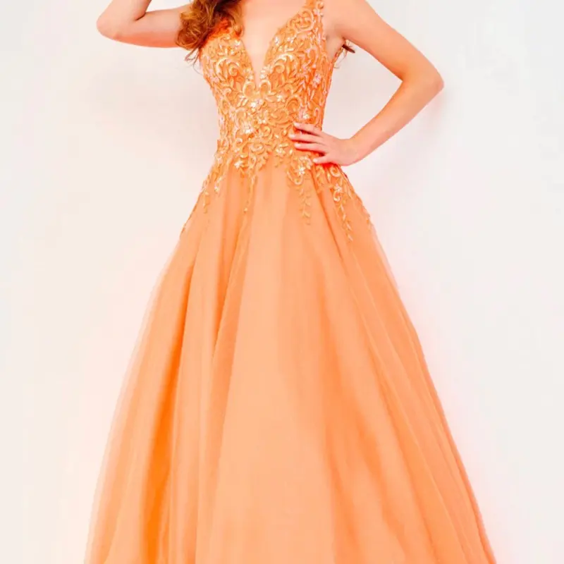 Jovani Gown Size 8 - Elegant Orange Ball Gown with Gold Embroidery and V-Neckline for Special Occasions