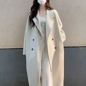 Women's Mid-Length Woolen Double-Breasted Trench Coat for Autumn and Winter Student Straight Loose Over-the-Knee Lazy pink festive style pullover lightweight sweater shirt Oversized Sherpa Hoodie open front vacation clothing everyday fashion bow print
