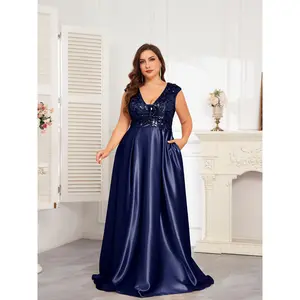 Elegant Navy Blue Sequin Gown - Sleeveless, V-Neck, Long Flowing Dress for Weddings, Parties & Formal Events, Perfect for Bridesmaids, Brides, and Special Occasions, Formal Event Attire | Sequin Embellished Dress | Flared Hemline, Plus Size Dress