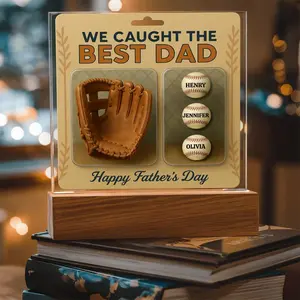 We Caught the Best Dad Baseball & Glove Action Figures Style | Personalized LED Acrylic Plaque | Unique Father's Day Gift for Dad, Gift for Husband