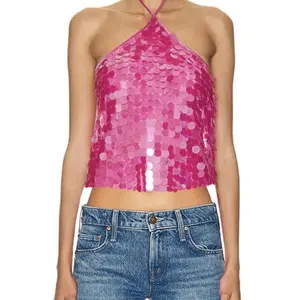 Women's tank top with sequins, lace up, exposed collar, casual vest, summer sleeveless top, street wear, women's lightweightRAIMENTRY