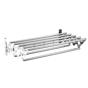 Wall Mounted Clothes Drying Rack 7 Rods 5 Hooks Retractable Collapsible Laundry Drying Rack Rustproof Wall Drying Rack Space-Saving for Bathroom/Tower