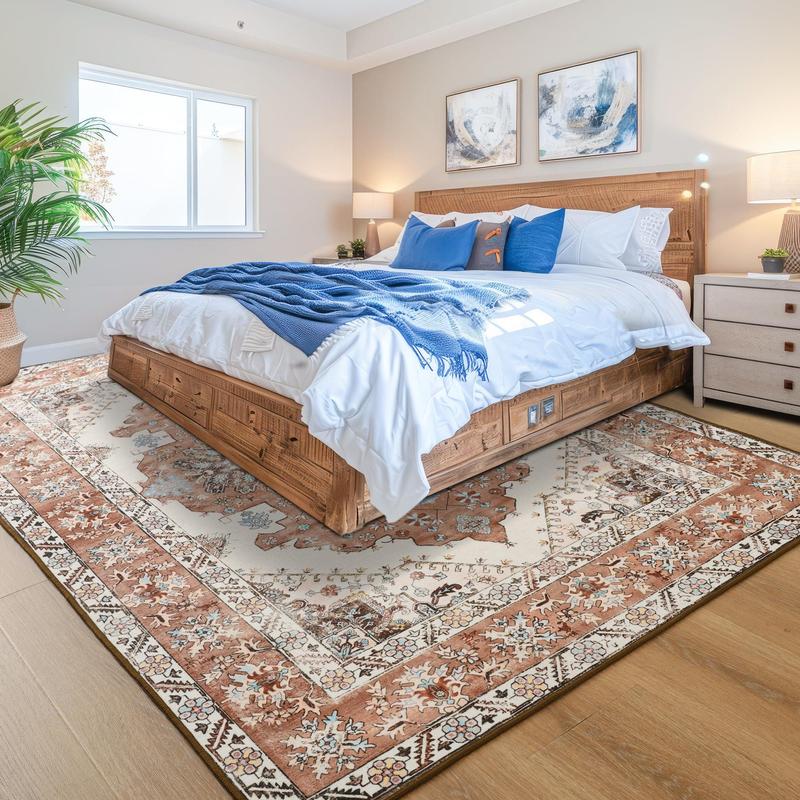 9x11 Feet Orang Machine Washable Vintage Area Rug Non-Slip Low Pile Large Rug For Living Room, Bedroom, Farmhouse, Dining Room, 5x8, 7x10 Feet 9x11 Feet Orang Machine Washable Vintage Area Rug Non-Slip Low Pile Large Rug For Living Room, Bedroom, Farmhouse, Dining Room, 5x8, 7x10 Feet