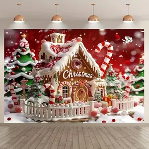 Christmas Themed Backdrop, 1 Count Winter Gingerbread House Pattern Wall Hanging Banner, party decorations banners, Wall Decor for Home Living Room Bedroom Garden Party, Ornaments