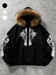 Unisex Fleece-Lined Long Sleeve Hoodie with Zipper Closure, Gothic Pattern Design, Soft Warm Fabric, Regular Fit, Ideal for Fall Winter, Casual Outerwear