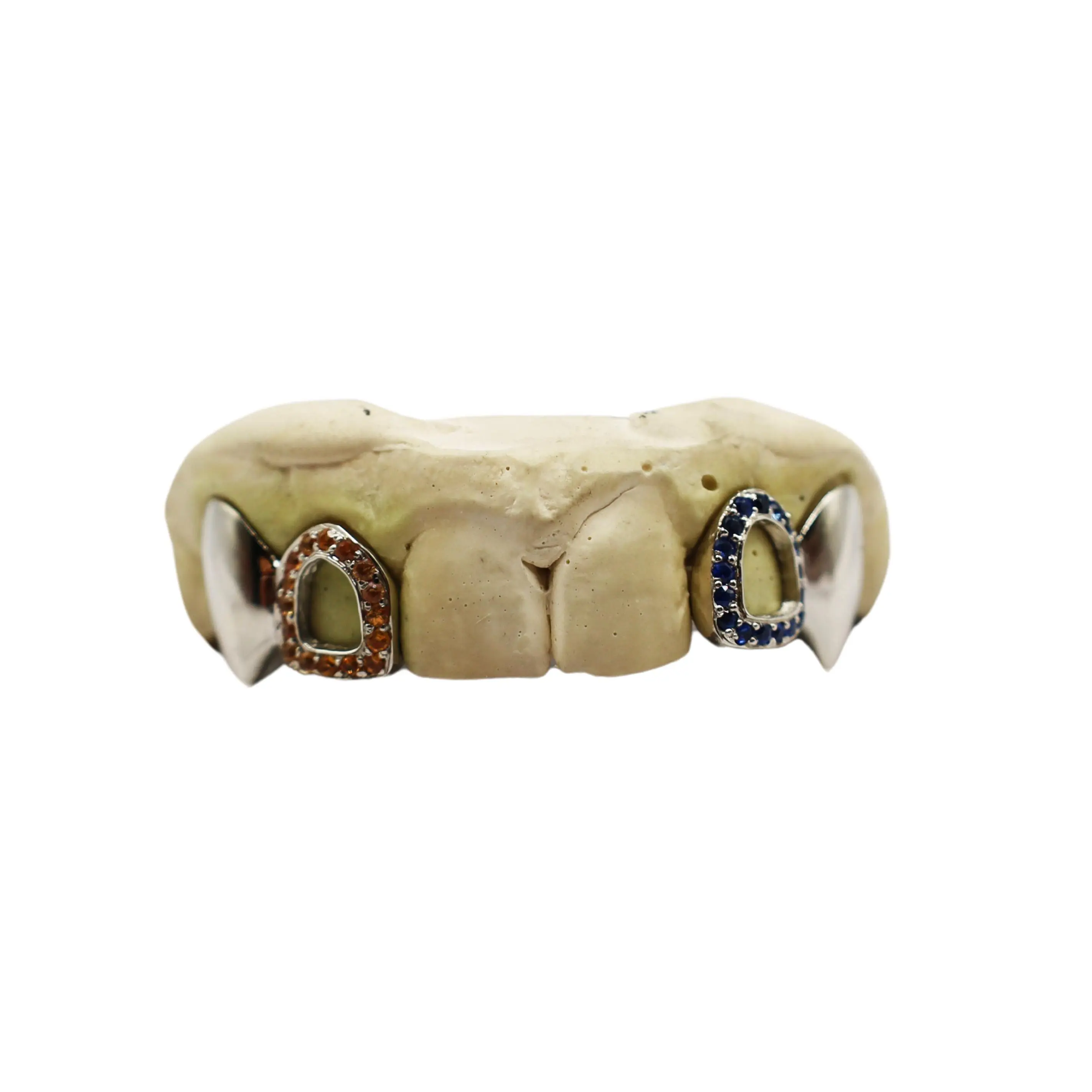 Orange and Blue Sapphire Open Face Grillz w Vampire Fangs