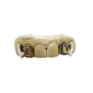 Orange and Blue Sapphire Open Face Grillz w Vampire Fangs