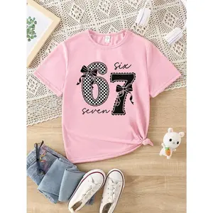 Tween Girls' Versatile Casual Fashion Creative Personalized Fresh Floral Bow Number 67 Letter Slogan Graphic Print Short Sleeve T-Shirt, Comfortable Cozy Summer And Fall Styles Suitable For Tween Girls' Daily Wear shirts for girls