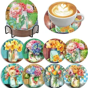 8-piece/set beautiful flower pattern diamond painted coaster set, Diamond Painting Coasters, sparkling rhinestone heat-resistant drink mat with stand, DIY coaster for beginners, diamond kit craft supplies, artificial diamond art craft supplies, gift