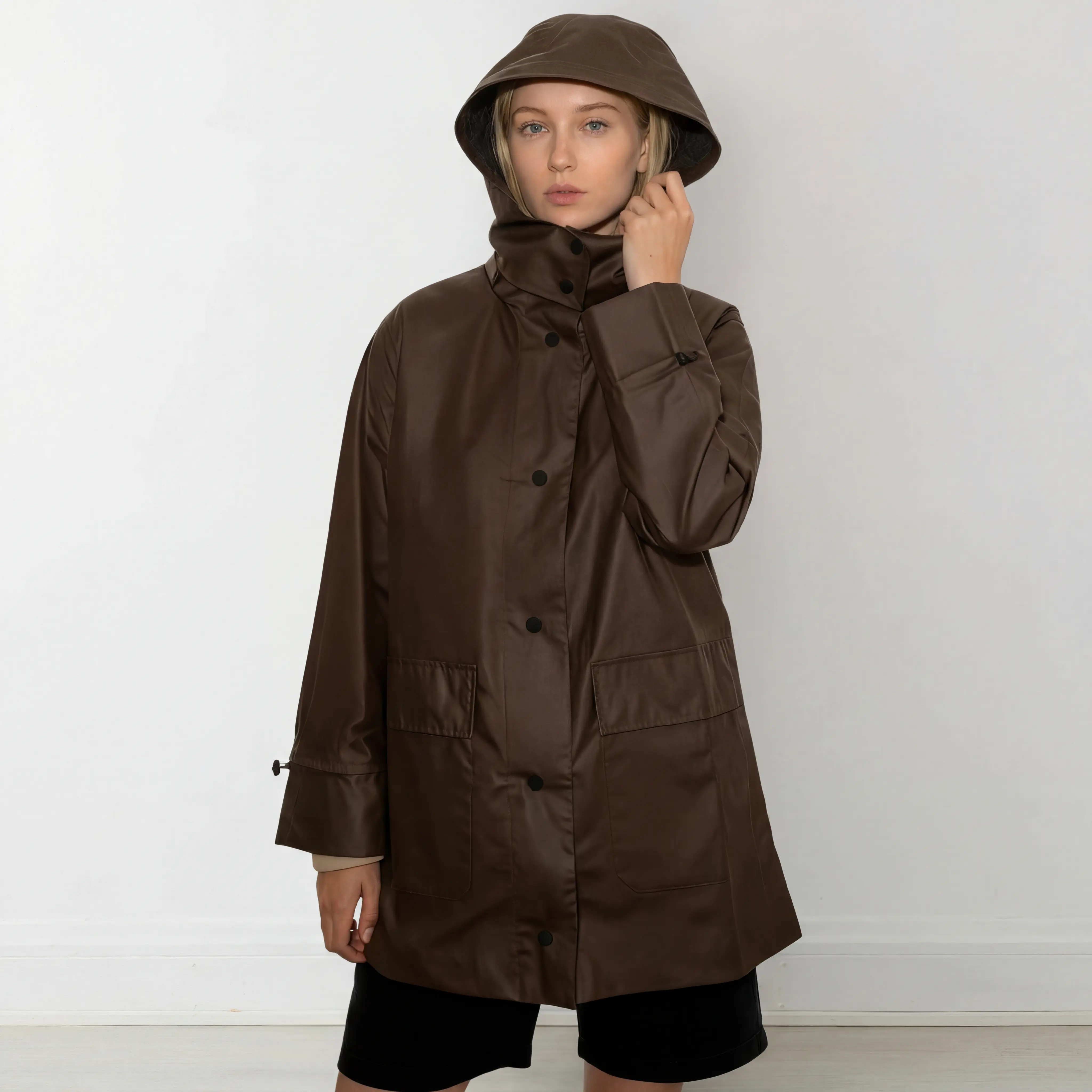 OctMoon Lightweight Rain Coat Waterproof Raincoat Jacket with Hood Classic Button-Up Trench Coat for Women Tops Womenswear Brown Fitted Long Sleeve Minimalist Design