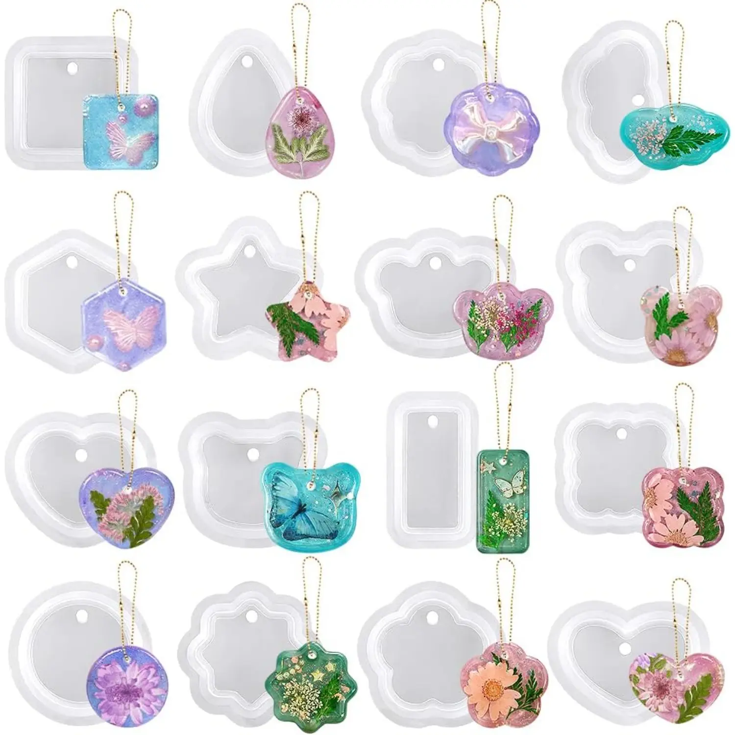 16Pcs/Set Variety Geometric Pendant Silicone Molds with Hanging Hole,Jewelry UV Resin Mold,Necklace Keychain Molds for Epoxy Resin,Halloween Christmas Party Gifts,Hand Tools Kits