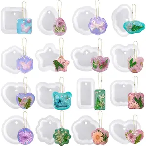 16Pcs/Set Variety Geometric Pendant Silicone Molds with Hanging Hole,Jewelry UV Resin Mold,Necklace Keychain Molds for Epoxy Resin,Halloween Christmas Party Gifts,Hand Tools Kits