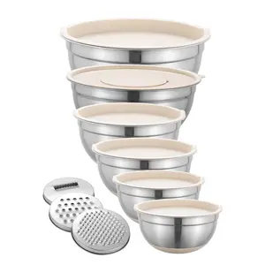 Stainless Steel Mixing Bowl with Lid Set, 9 Counts/set Including Mixing Bowls*6 & Grater & Scraper, Baking Serving Bowl Set, Bowl Plates, Salad Serving Bowls